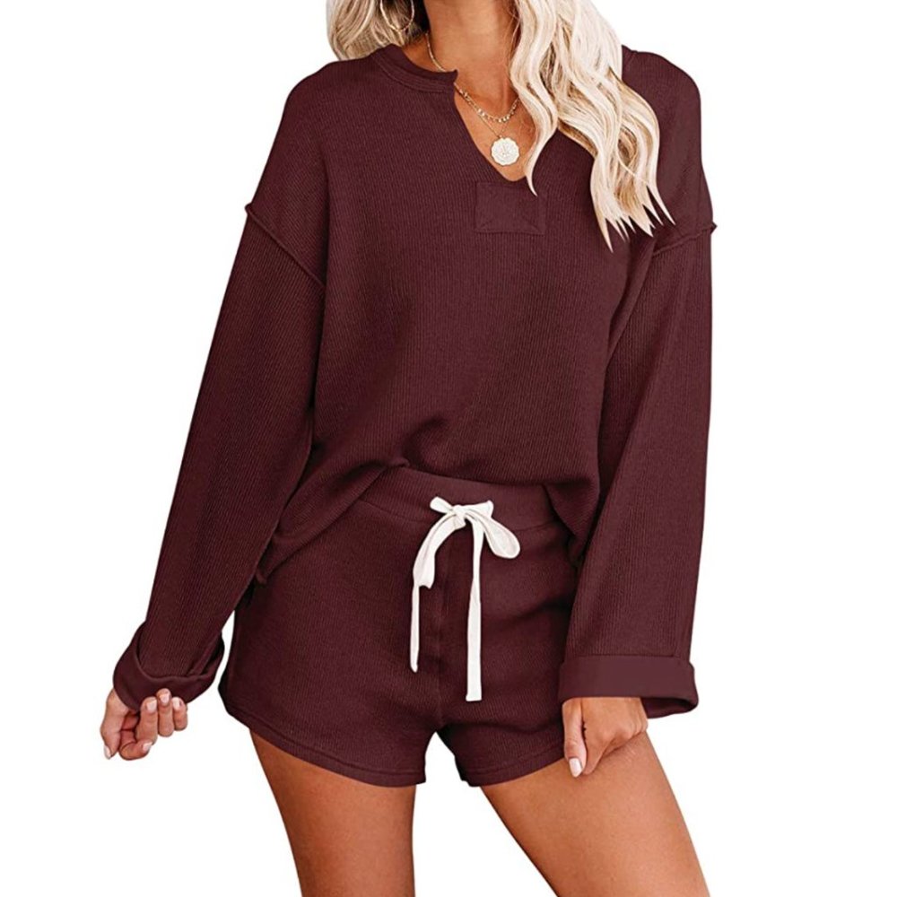Red Wine Lounge Set | V-neck Henley and Shorts Set